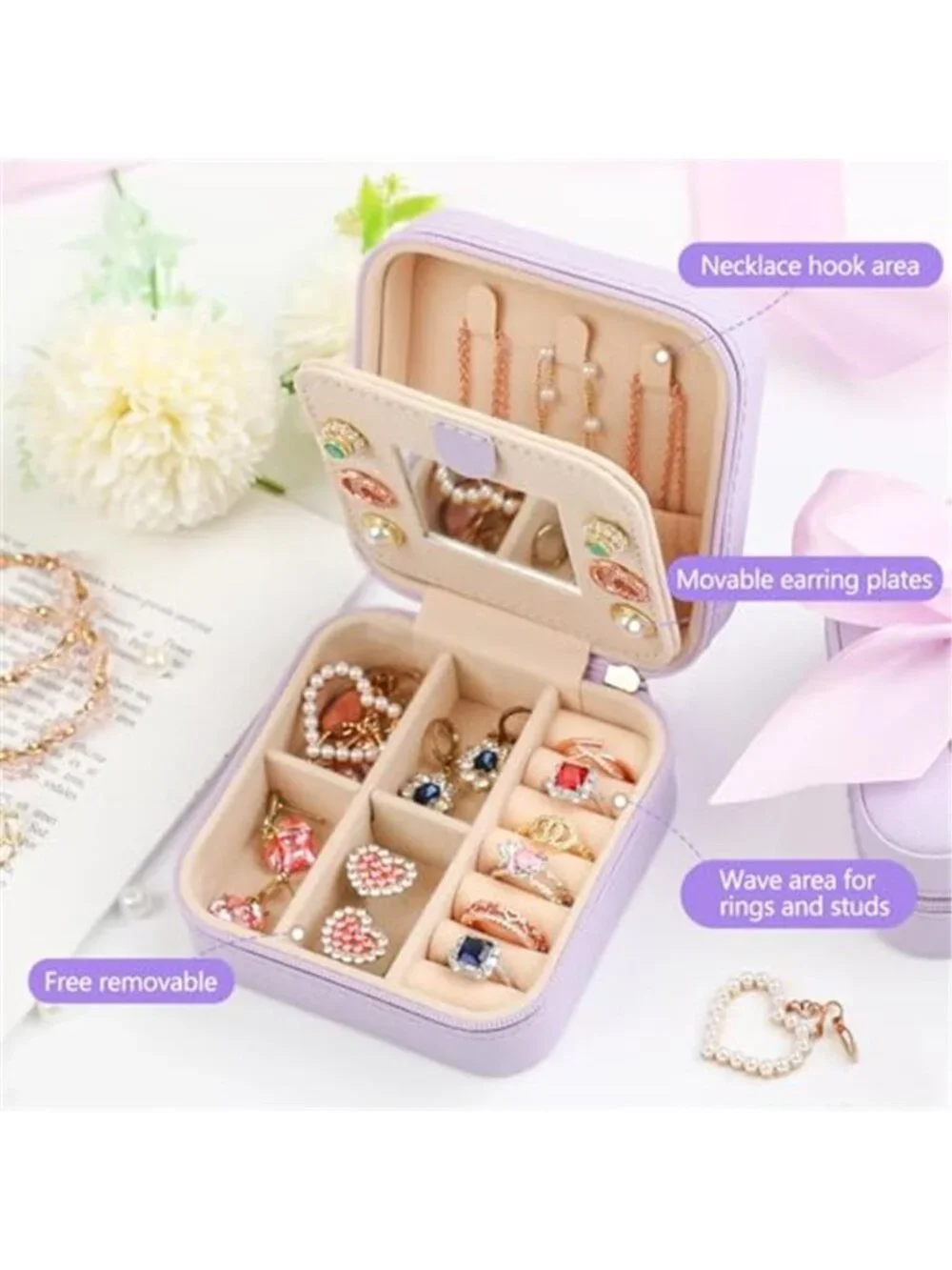 Purple Travel Jewelry Case Organizer Box PU Leather Women Girls Gift Faux